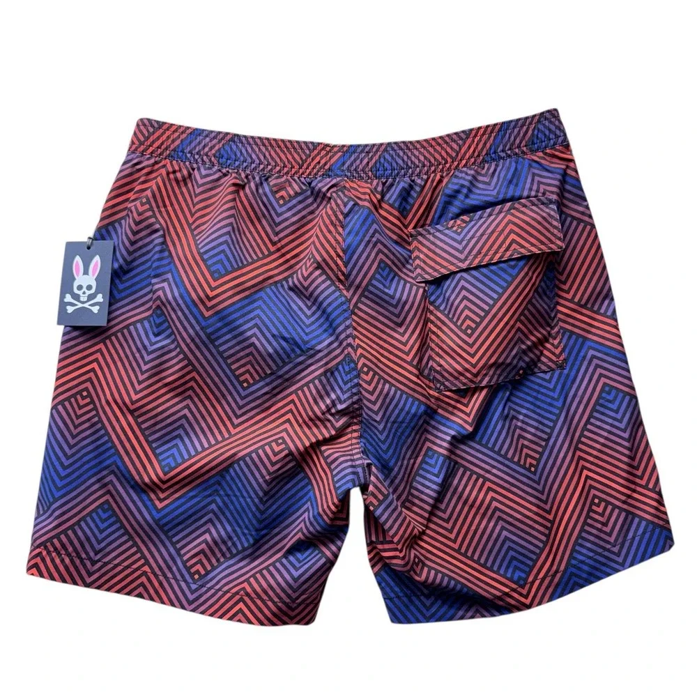 Psycho Bunny‎ Mens Size Large Red Blue Strip Board Shorts Swim Shorts NWT